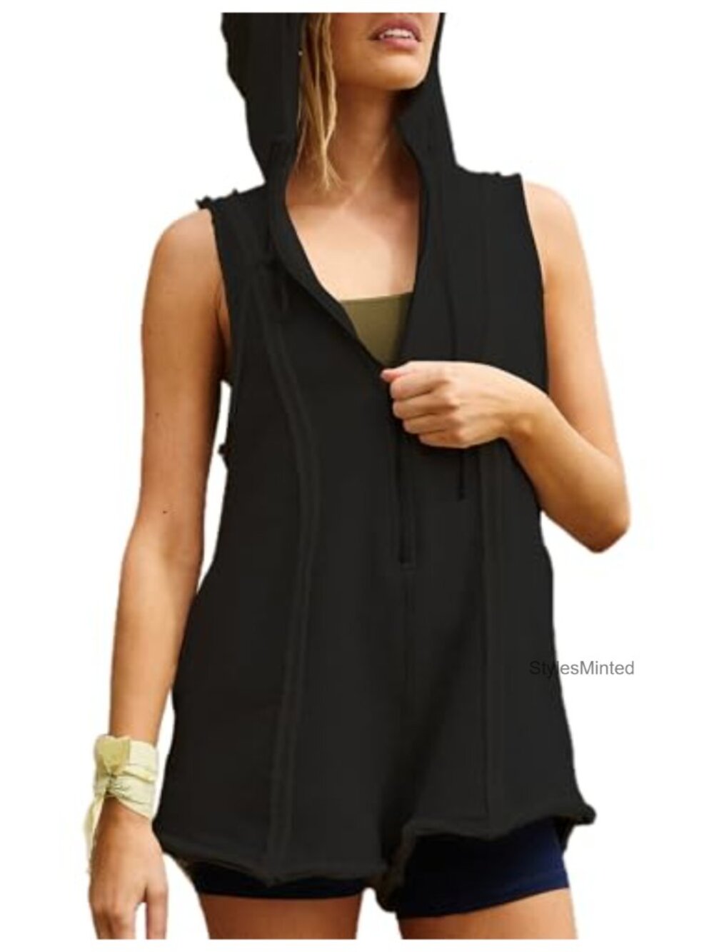 Sleeveless Hood Romper Half Zip Pockets Athletic Workout Relaxed Fit